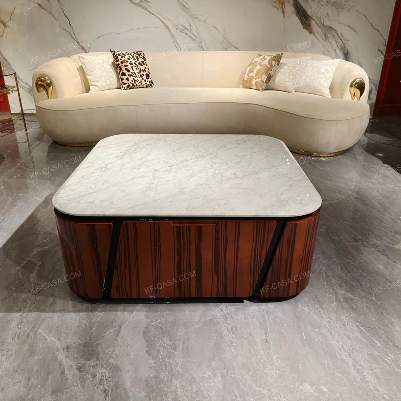 Modern Coffee Table with Marble-Effect Top and High-Gloss Natural Wood Veneer